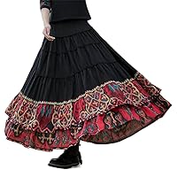 Long Skirt Patchwork Retro Women Clothes Autumn National Style All-Match Loose Skirts