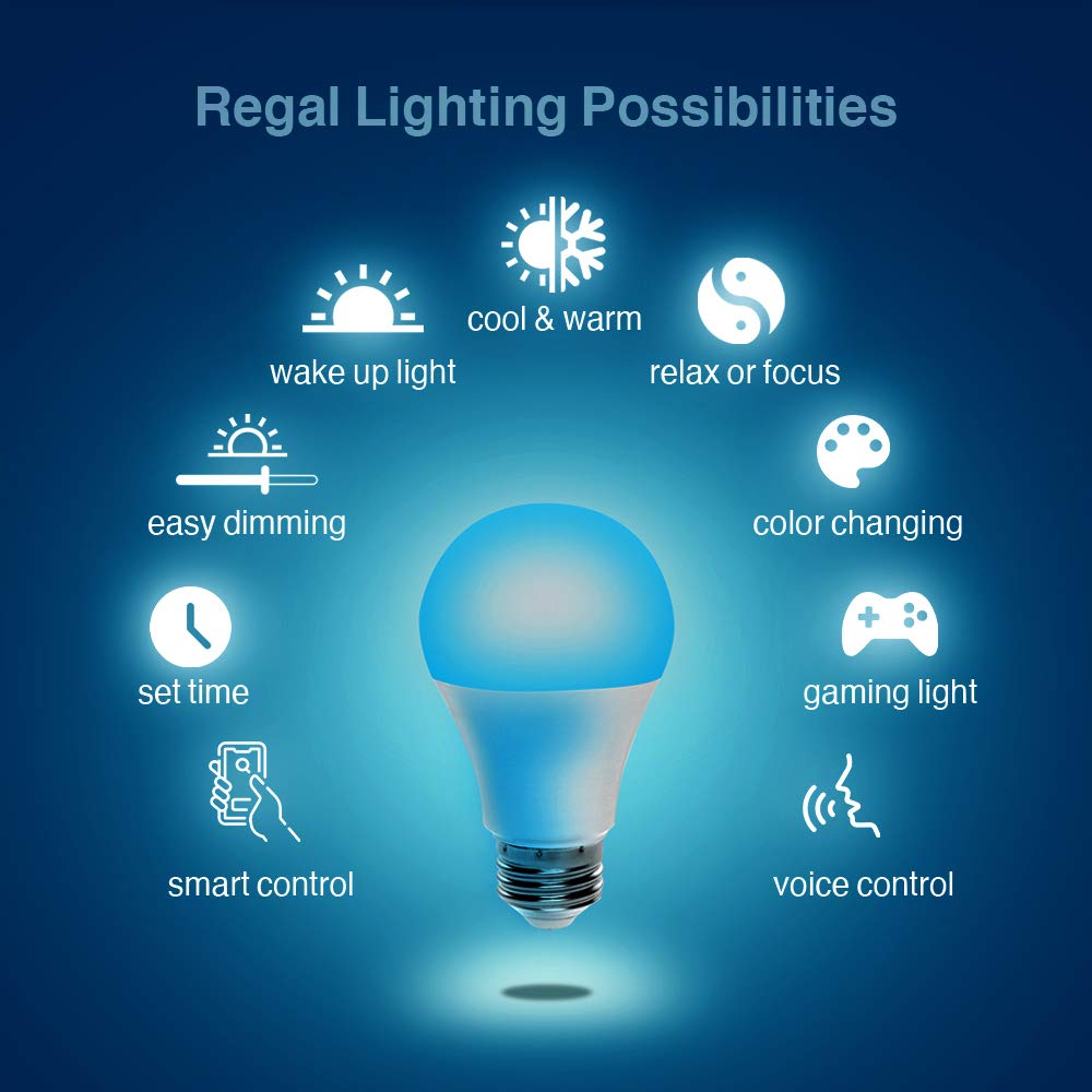 Regal Color Changing Light Bulb WiFi LED 120V Smart Bulb A19 E26 Dimmable RGB Color Changing, 800 Lumen, 9-Watt (60-Watt Equivalent), 6500K, Alexa & Google Home Compatible (2.4Ghz Only)