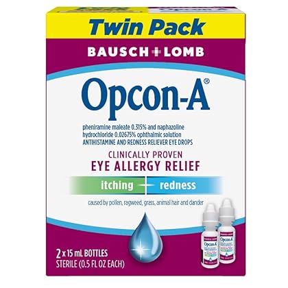 Opcon-A Allergy Eye Drops by Bausch & Lomb, for Itch & Redness Relief, 15 mL (Pack of 2), Packaging May Vary
