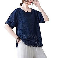 Summer Hollow Embroidery Round Neck t-Shirt Female Pullover Small Shirt Cotton Linen Loose Retro top Female