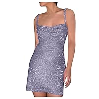 Sequin Sparkly Glitter Cami Dress for Women's Sexy Sleeveless Sundress Ruched Spaghetti Strap Bodycon Mini Club Party Dresses