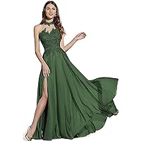 Long Halter Chiffon Dress with Slit for Women, Appliques Prom Ball Gown Formal Evening Gown Wedding Dress