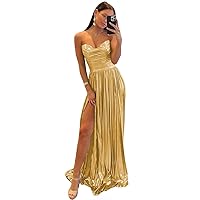 Metallic Satin Strapless Bridesmaid Dress Prom Dresses 2024 Sparkly Pleated Satin Formal Evening Gowns with Slit