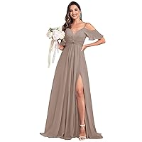 Off Shoulder Chiffon Bridesmaid Dresses for Women A-Line Pleated Formal Evening Gown with Slit