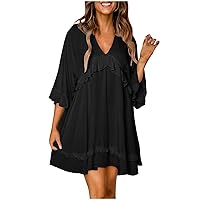 Mini Sundresses for Women, Womens 3/4 Sleeve V Neck Casual Solid Color Ruffle Dresses Chiffon Summer Dress, S, XL
