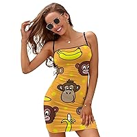Cute Faces of Monkeys and Bananas Mini Dresses for Women Adjustable Strap Sexy Cross Tie Backless Sundress