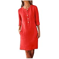 Women's Casual Dresses,Trendy Large Loose Solid Henley Neck Long Sleeve Button Loose Shift Shirts Dress with Pocket