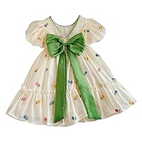 Kids Girl's Print Candy Colored Bow Mesh Dress Puff Sleeve Flared A Line Dress 2t Cardigan Girls