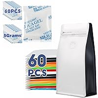 60pcs 16oz 1/2 lb White+Black Coffee Bags with Valve+60 Packs 5 Grams Silica Gel Packs Desiccant Packets for Storage, Transparent Desiccant