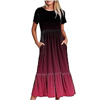 Deal of The Day Prime Today Women Crewneck Maxi Dress Trendy Summer Short Sleeve Long Dresses Casual Tiered Ruffle Mid Calf Dress Sundress Hippie Clothes for Women Pink