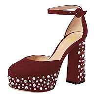 FSJ Women Shiny Platform Chunky Heel Sandals Closed Round Toe Ankle Strap Buckle Rhinestones Block Party Dance Pumps Shoes Size 4-16 US