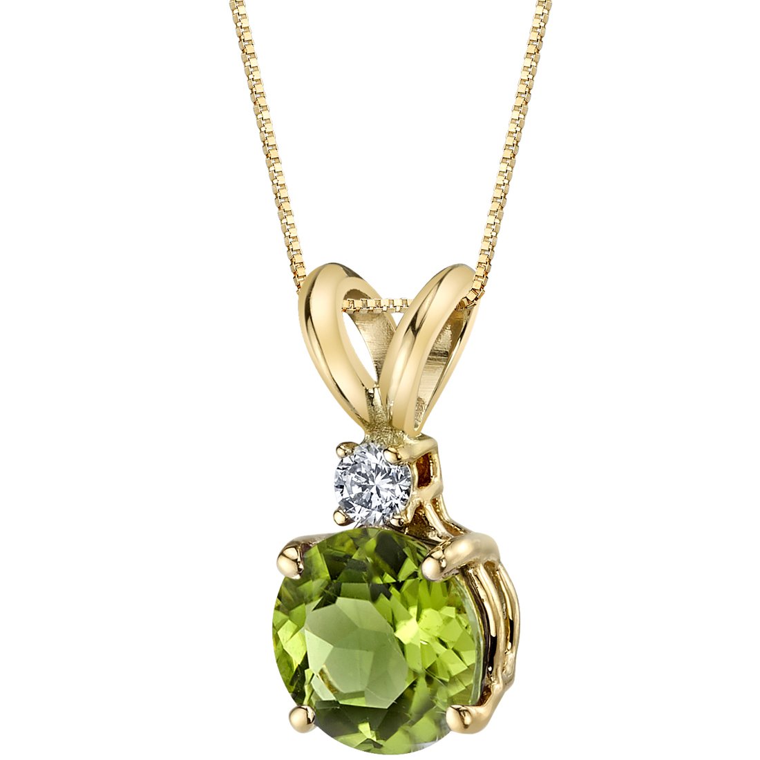 Peora Peridot with Genuine Diamond Pendant in 14K Yellow Gold, Elegant Solitaire, Round Shape, 6.50mm, 1 Carat total