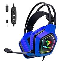 BENGOO USB Pro Gaming Headset for PC, PS4 Console, 7.1 Surround Sound Gaming Headphones with Noise Cancelling Mic, in-Line Volume/Mic/EQ Control, Soft Memory Earmuffs RGB Lights for Laptop - Purple