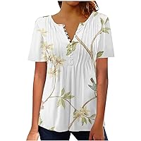 Women's Floral Printed Pleats T-Shirt Tops Short Sleeve Fashion Casual Flowy Hem Blouse Tees V Neck Loose Shirts