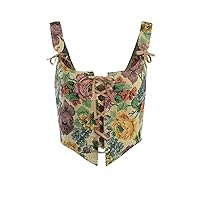 Women's Vintage Floral Embroidery Tank Top Corset Brocade Bustier Crop Top Cami OverBust Push Up Vest (Yellow)