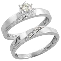 Sterling Silver Ladies 2-Piece Diamond Engagement Wedding Ring Set Rhodium Finish, 1/8 inch Wide