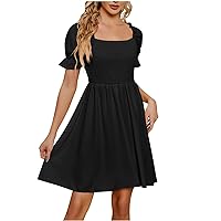 Women Frill Trim Puff Short Sleeve Flowy A-Line Dress Summer Square Neck Smocked Casual Pleated Solid Mini Dresses