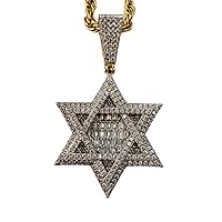 Custom Star David Men Women 925 Italy Gold Finish Iced Silver Charm Ice Out Pendant Stainless Steel Real 3 mm Rope Chain, Mans Jewelry, Iced Pendant, Rope Necklace 16