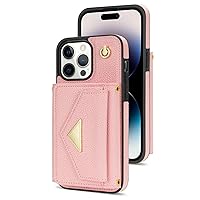 ONNAT-Leather Wallet Case for iPhone 14Pro Max/14 Pro/14 Plus/14 with Magnetic Buckle Card Slot Holder with Crossbody Lanyard Strap Shockproof (Pink,14)