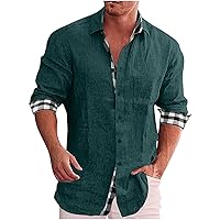 Mens Cotton Linen Button Down Shirt Casual Plaid Collar Long Sleeve Beach Summer Shirts Slim Fit T Shirt with Pocket
