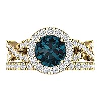 2.5 ct Round Cut Halo Solitaire Natural London Blue Topaz Designer Art Deco Statement Wedding Ring Band Set 18K Yellow Gold
