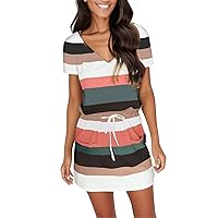 Western Summer Dress for Women Striped Fashion Work Bodycon Top V-Neck Modest Slimming Short Sleeve Mini Dress Casual