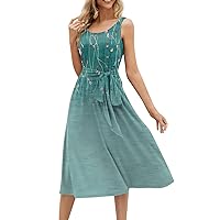Dresses for Women 2024 Trendy Summer Beach Cotton Sleeveless Tank Dress Wrap Knot Dressy Casual Sundress with Pocket Today(1-Green,Small)