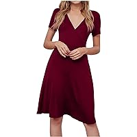 Women's Casual Loose-Fitting Summer Beach V-Neck Glamorous Dress Swing Solid Color Flowy Short Sleeve Knee Length