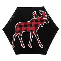 Moose Buffalo Plaid 5 Fold Umbrella Travel Portable Sun Rain Umbrellas UV Protection Printed Design for Women Men