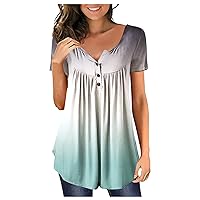 Blouses for Women Fashion 2024 Short Sleeve Henley V Neck Hem Trending Regular Fit with Buttons Womens Going Out Tops