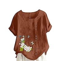 Plus Size Cotton Linen Tops for Women Dressy Casual Crewneck Button Blouses 2024 Summer Casual Loose Short Sleeve Tshirts