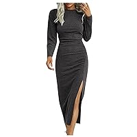 Long Sleeve Dress for Women Trendy Sexy Solid Mock Neck Ruched Split High Waist Stretch Temperament Pencil Dresses