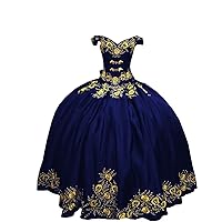 Gold Embroidered Off The Shoulder Ball Gown Quinceanera Dresses Adult Satin Sweet 15 16 Charro Prom Cocktail Dress