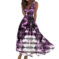 Spring Dresses for Women 2024 Black Navy Blue Long Maxi Dress Summer Sleeveless V Neck Boho Waist Retro Printed Dress