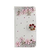 Crystal Wallet Phone Case Compatible with iPhone 13 Mini - Flowers Floral - Pink&White - 3D Handmade Sparkly Glitter Bling Leather Cover with Screen Protector & Neck Strip Lanyard