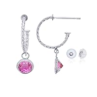 14K White Gold 12mm Rope Half-Hoop with 4mm Round Bezel Drop Earring with Silicone Back