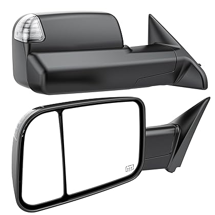Smoked Power Heated Tow Mirrors Compatible with 2009-2018 Dodge Ram 1500, 2010-2018 2500 3500, Flip Up Extended Trailer Towing Side Mirrors with Puddle Light, Black Housing