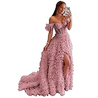Tiered Ruffle Tulle Prom Dresses for Women Ball Gown Illusion Feather Off Shoulder Formal Dress