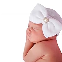 Melondipity Newborn Vintage Pearls & Rhinestone Hat with Bow - Baby Beanie Head Wraps for Girls - Soft Knitted & Cute Fall Winter Hospital Caps for Infants White
