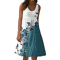 Womens Sun Dresses Summer Casual Floral Dresses for Women 2024 Vintage Print Ruched Fashion Loose Fit with Sleeveless Round Neck Tunic Dress Royal Blue 3X-Large