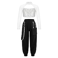Kids Girls 2Pcs Dance Tracksuit Shiny Crop Top with Cargo Pants Outfits for Hip Hop Sports Dancewear