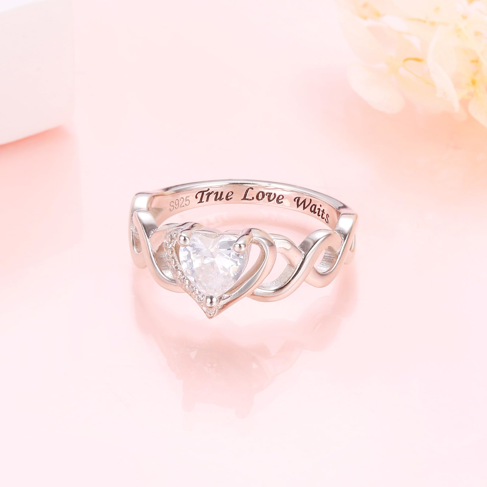 HOOHWE S925 Sterling Silver True Love Waits Ring for Women Heart Engagement Love Knot Ring Promise Ring Wedding Ring for Women Girlfriend Wife Size 7