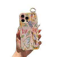 for iPhone 14 Pro Max Case Cute with Wrist Strap Kickstand Glitter Bling Cartoon IMD Silicone TPU Shockproof Protective Phone Cases Cover for Girls and Women - Multicolor Butterfly