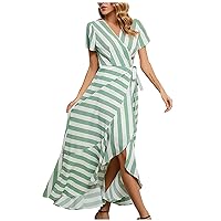 Womens Summer Vacation Dresses Striped Print Flutter Sleeve Dress Ruffle Hem Flowy V Neck Wrap Long Maxi Dresses
