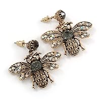 Vintage Inspired Crystal Bee Drop Earrings In Aged Gold Tone - 35mm Tall