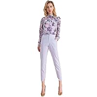 Women Button Shirt Lilac Ruffle Cuffed Blouse with Flower Floral Print