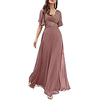Contrast Sequin Chiffon Bridesmaid Dress Women's Cap Sleeve Ruched Lace Round Neck Chiffon Formal Evening Gowns