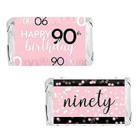 DISTINCTIVS Pink, Black, and White Birthday Party Mini Candy Bar Wrappers - 45 Count - Milestone Birthday Party Supplies (90th Birthday)