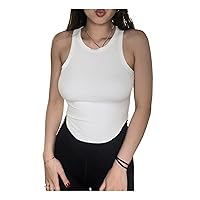 Women's Sleeveless Cotton Ribbed Curved Hem Fitted Race Back Crew Neck Basic Tank Crop