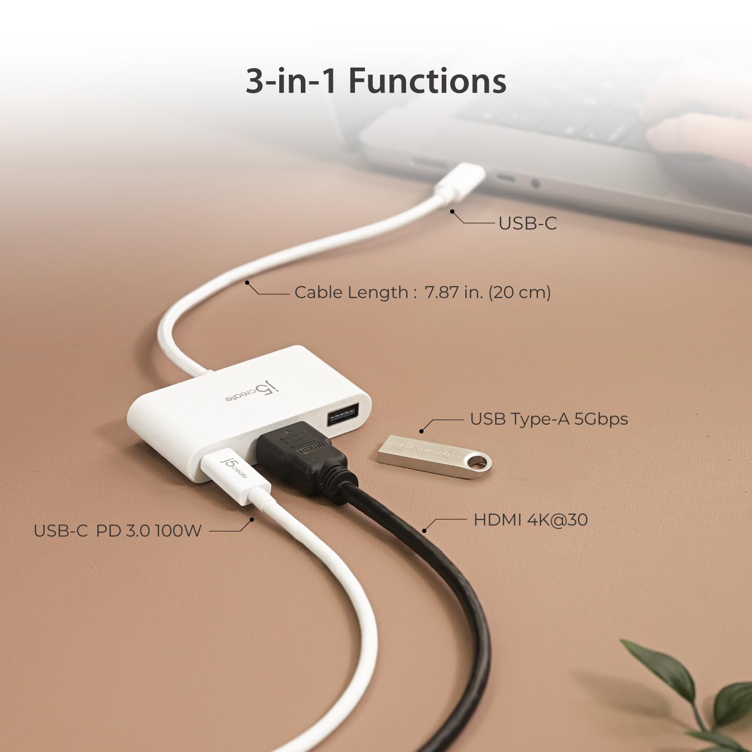 j5create USB-C to HDMI & USB Type-A with Power Delivery(Eco-Friendly) with 4K HDMI, USB-A 5Gbps, PD 100W Charging | Compatible with MacBook Pro,Chromebook,HP, Samsung and more Type-C Devices(JCA379EW)